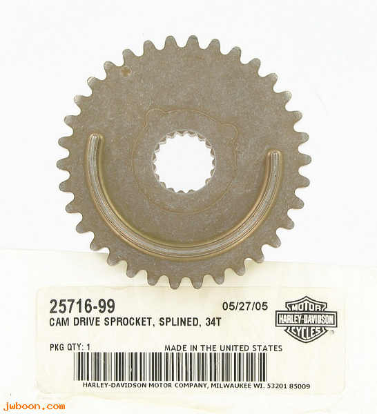   25716-99 (25716-99): Cam drive sprocket - splined, 34 T - NOS - Twin Cam '99-'06