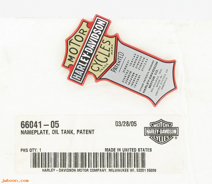   66041-05 (66041-05 / 14830-05): Nameplate, oil tank - patent - NOS - Softail '05-'08