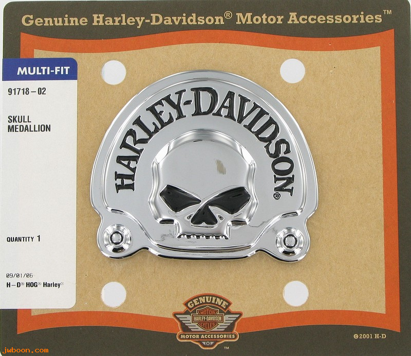   91718-02 (91718-02): Skull medallion, 3 5/8 x 3 - NOS - XL, FXD, Softail sissy bar