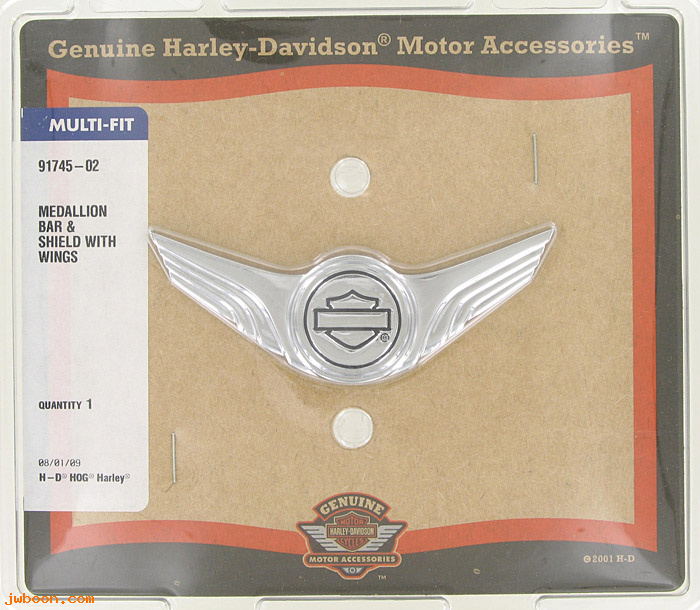   91745-02 (91745-02): Bar & shield medallion with wings - NOS - XL,FXD,Softail sissybar