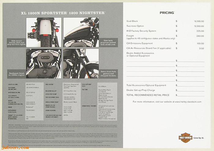   99364-07V (99364-07V): Specifications card new 2007 XL1200N Nightster - NOS