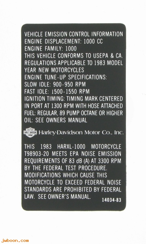   14034-83 (14034-83): Decal, vehicle emission control info - NOS- Sportster XL1000 1983