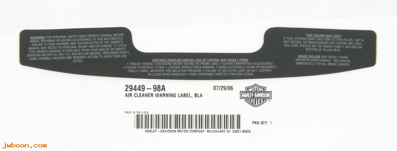   29449-98A (29449-98A): Warning label / decal - air cleaner - NOS - FXSTB. FXDX 99-06