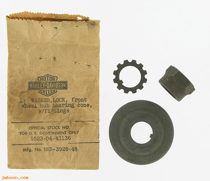   3926-44 (43635-44 / 43633-44): Lockwasher - front wheel hub bearing cone + nut & retainer - NOS