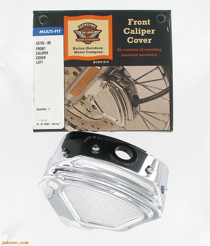   43726-00 (43726-00): Front caliper cover, left - NOS - Sportster XL '00-'03. Dyna '00-