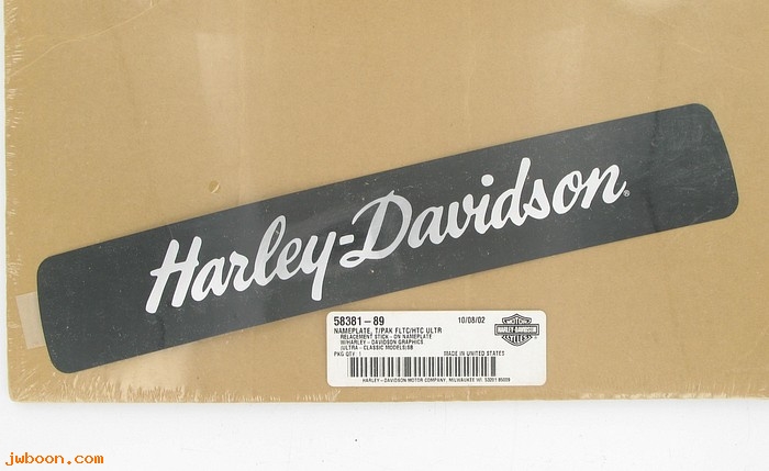   58381-89 (58381-89): Nameplate, Tour-pak "Harley-Davidson" 2 1/4" x 13" NOS-FLTC/HTC