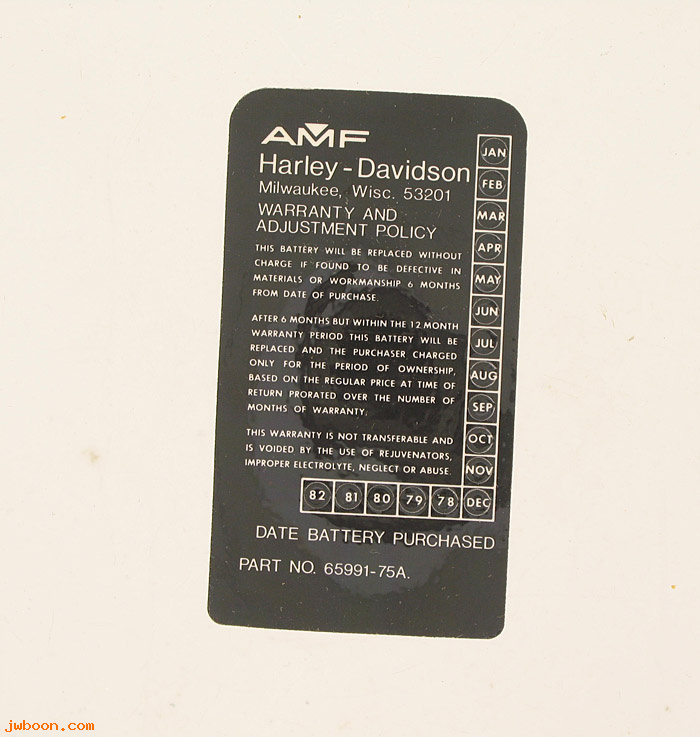   65991-75Adecal (65991-75A): Decal, for battery 65991-75A - NOS - AMF H-D - FX '73-'80. XLCR