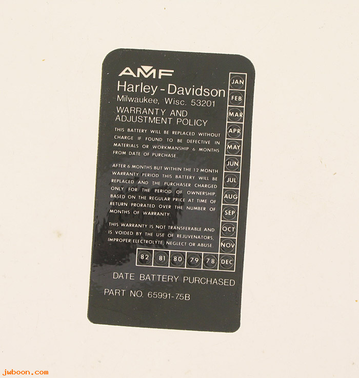   65991-75Bdecal (65991-75B): Decal, for battery 65991-75B - NOS - AMF H-D FX '79-'80. XLCR