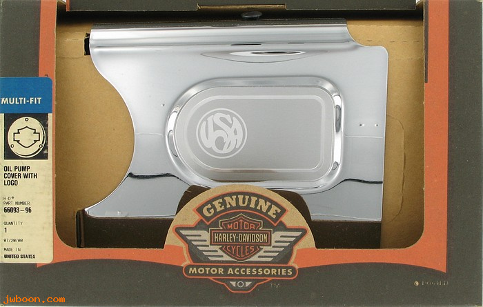   66093-96 (66093-96): Oil pump cover with logo - NOS - Softail 87-    FXD, Dyna 91-