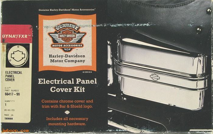   66417-99 (66417-99): Electrical panel cover w. trim - bar & shield logo, NOS - FXD 99-
