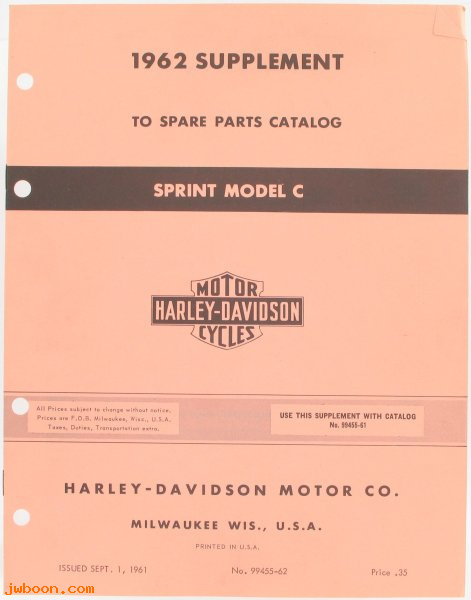   99455-62 (99455-62): Sprint parts catalog supplement 1962 - NOS