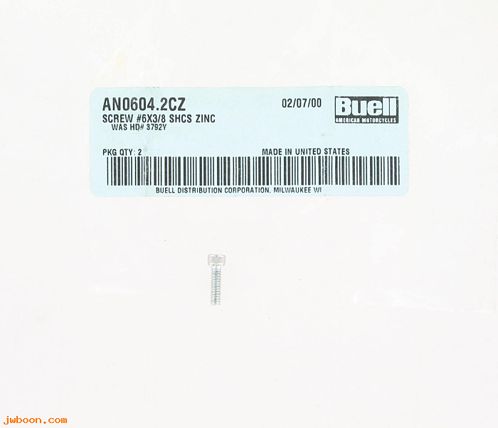   AN0604.2CZ (    3792Y): Screw, 6-32 x 1/2"  shcs - NOS - Buell S3, X1 '00-'02