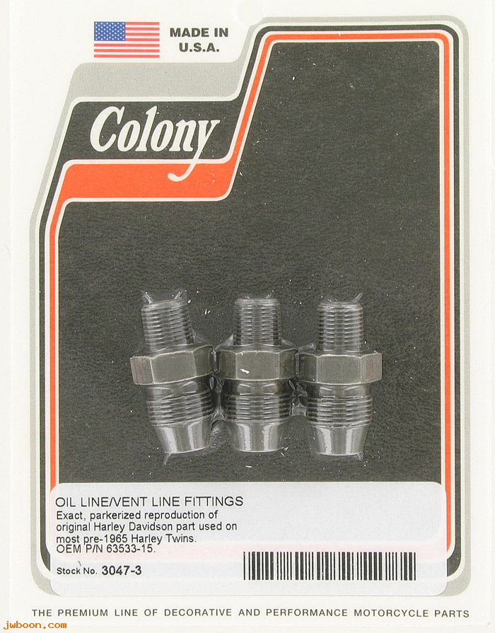 C 3047-3 (63533-15 / 3577-15): Oil line fittings (3) - All models '15-'64, in stock, Colony