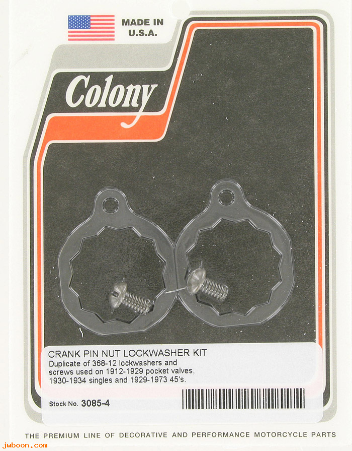 C 3085-4 (23982-12 / 368-12): Crank pin nut lockwasher kit - FD, JD 12-29. 750cc 29-73. Singles