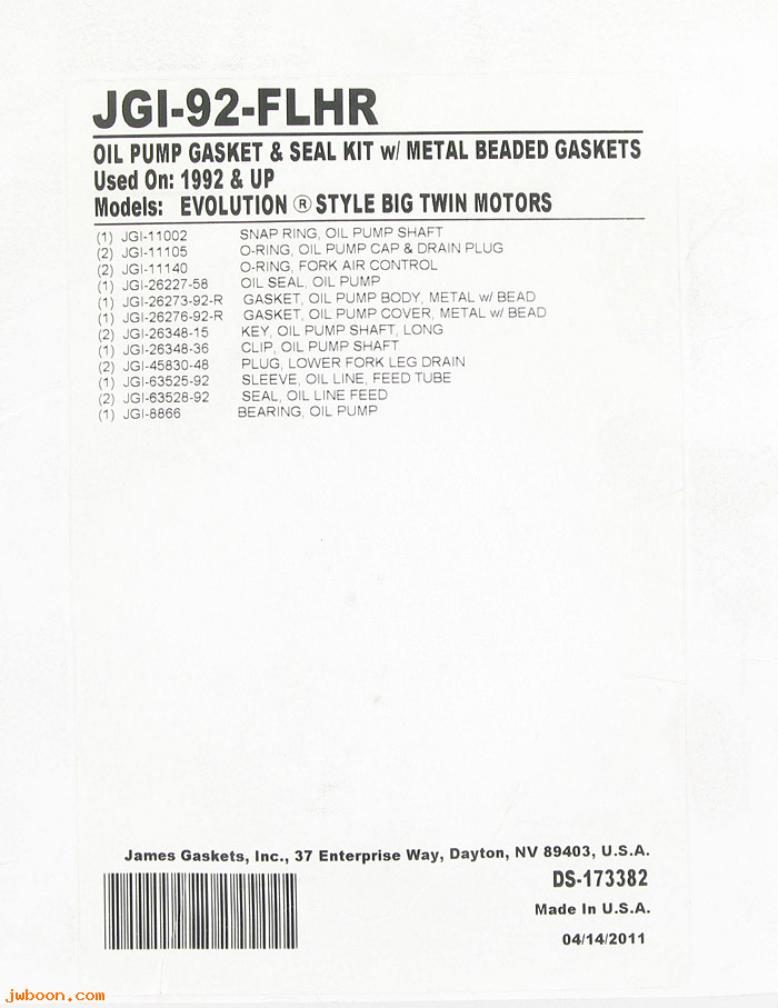  JGI-92-FLHR (): Oil pump gasket kit - Big Twins '92-'99 - James Gaskets