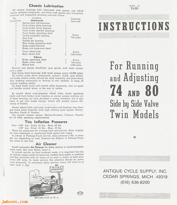 L  13861-40 (99461-40 / 99461-41): Owner's manual      '38-'46 74" and 80" models - NOS