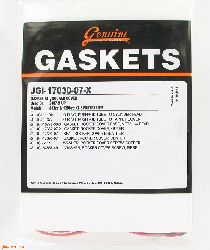 R  17030-07-X (17362-07 / 17695-07): Rocker cover gasket kit - Sportster XL '07-up - James Gaskets