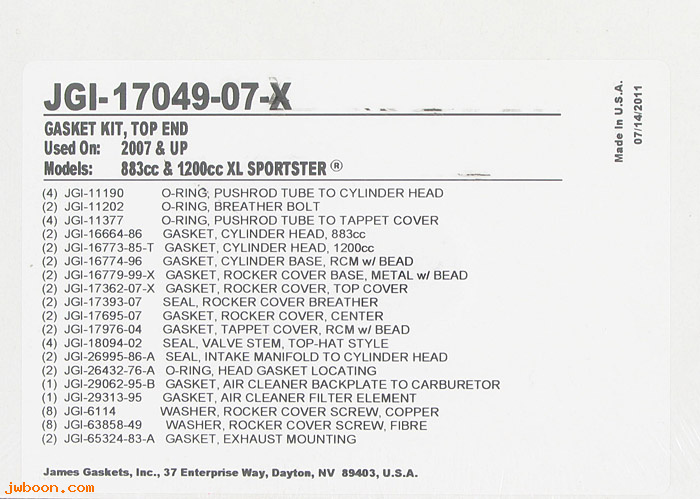 R  17049-07-X (17049-04A / 17049-08): Top overhaul gasket set - Sportster XL '07-up - James Gaskets