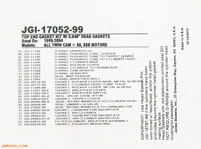 R  17052-99 (17052-99): Top overhaul gasket set - Twin Cam '99-'04 - James Gaskets
