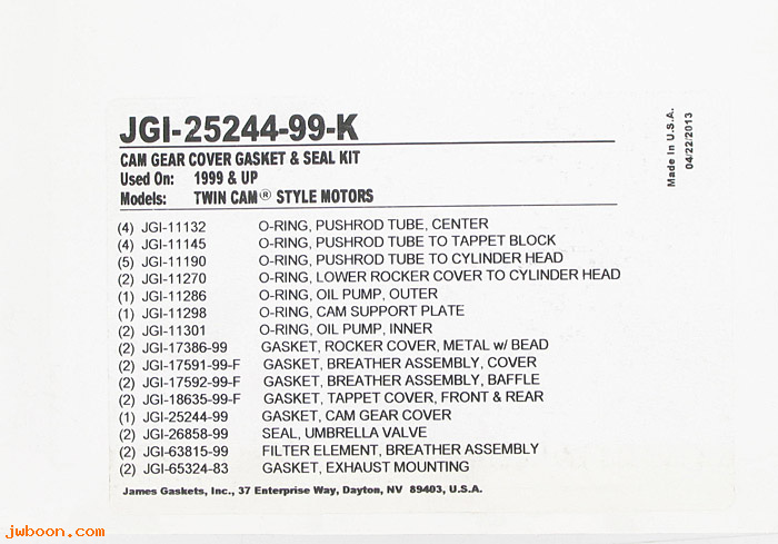 R  25244-99-K (25244-99A): Gasket and seal kit, cam cover - James Gaskets - Twin Cam '99-